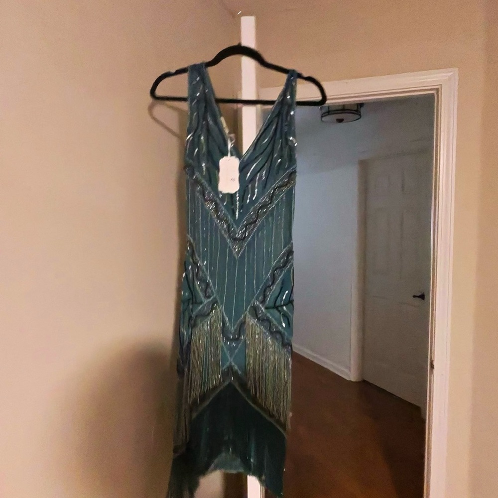 Unique Vintage Teal Sequin Fringe Dress